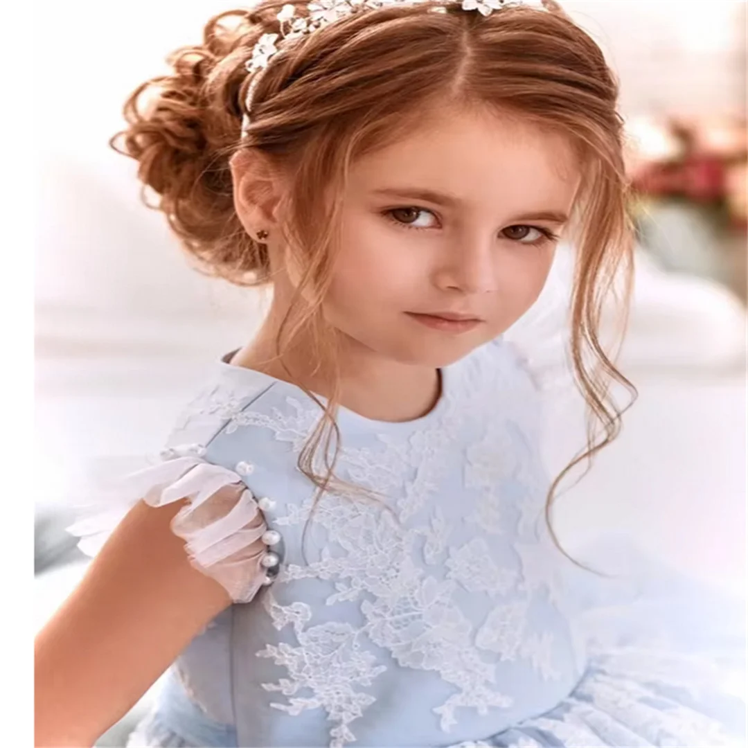 Flower Girl Dresses Blue Angel Tulle Appliques Pearl Sleeveless For Wedding Birthday Party Banquet Princess First Communion