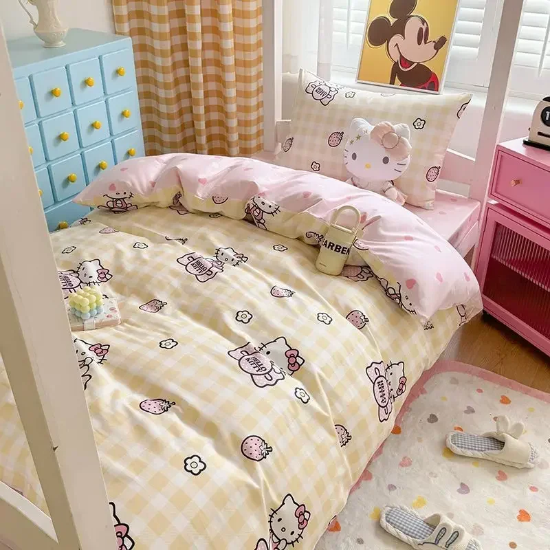 

Хлопковый комплект постельного белья для студентов My Melody Hello Kitty аниме Kawaii Sanrio Ins, милое стеганое одеяло Kuromi, простыня, подарки для девочек