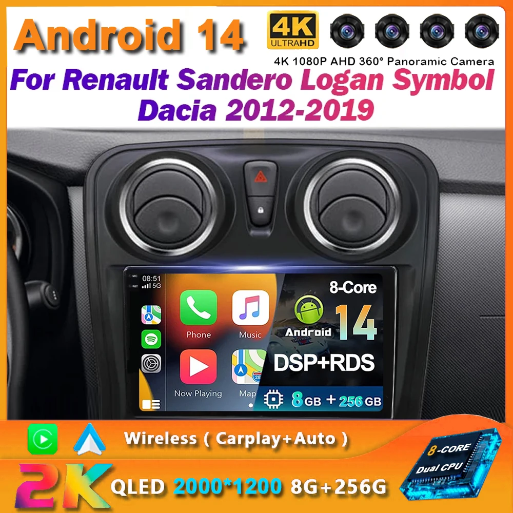 2 Din Android 14 Car Radio For Renault Sandero Logan Symbol Dacia 2012 - 2019 Multimedia Player GPS Navigation Head Unit Carplay