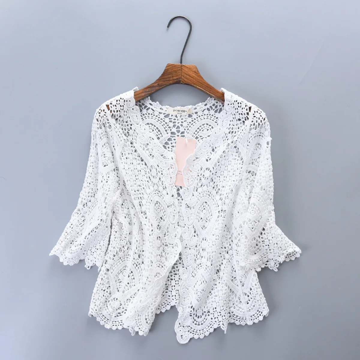 Knitted Shrug Women Bohemian Style Midi Sleeve Lace Open Cardigan Short Knitting Outwear Hollow Out Sweater Geometric Tops