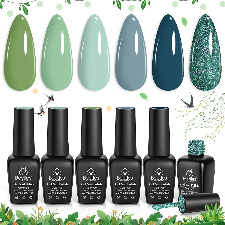 

Набор зеленых гель-лаков для ногтей Beetles, 6 цветов, зеленый, серый, синий, блестящий гель-лак для ногтей, замачиваемый УФ-гель, дизайн ногтей, маникюр, подарки для