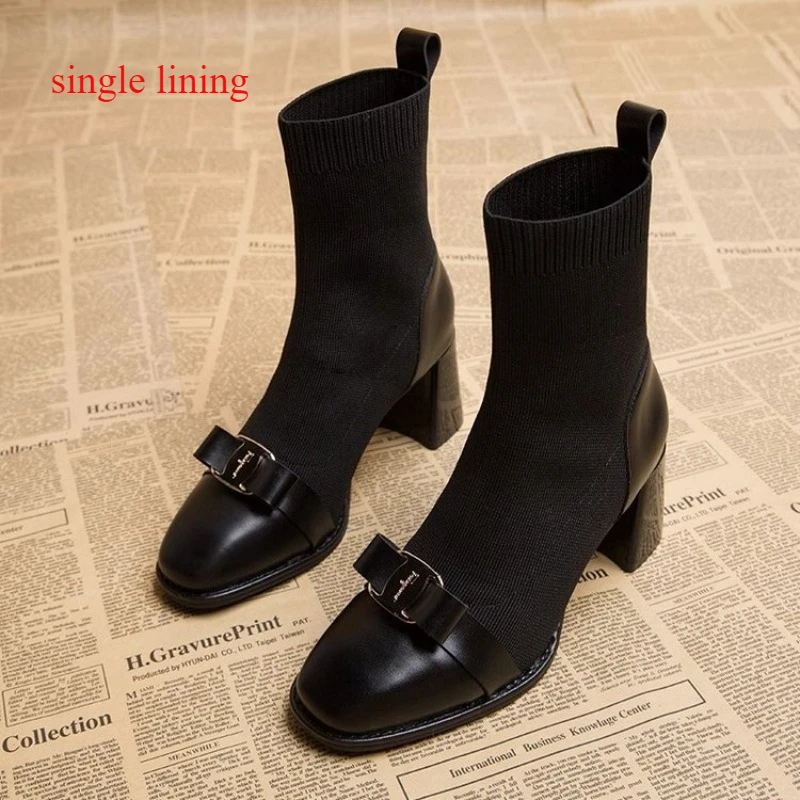 

Женские вязаные ботильоны, модные облегающие короткие ботинки с металлическим украшением, Женская осенне-зимняя элегантная обувь на толстом каблуке для женщин