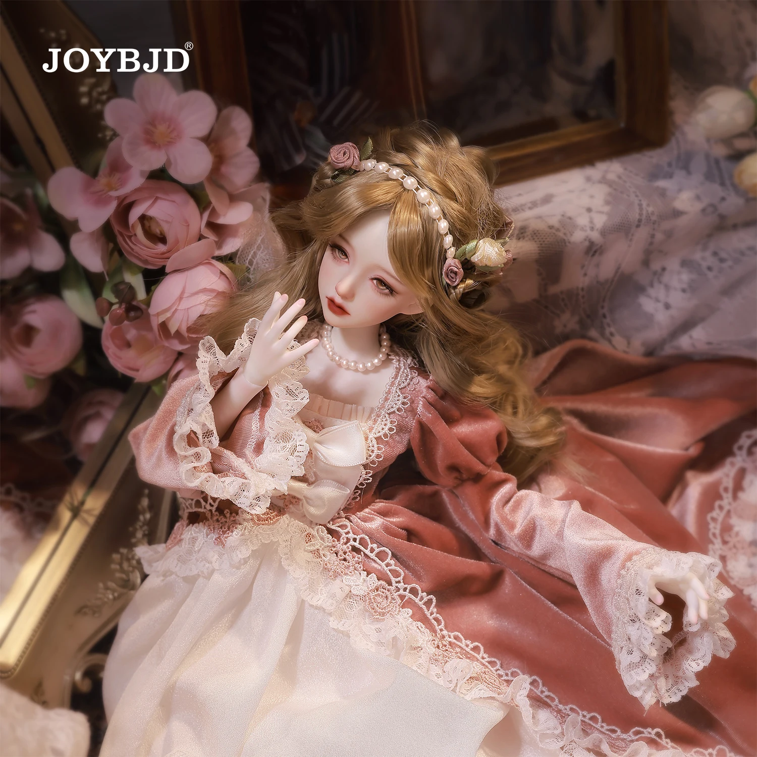 

JOYBJD Lvy 1/4 BJD Fantasy Elf Doll European Medieval Rococo Style in Plush Pink Suede Dress Complete Full Set Gift