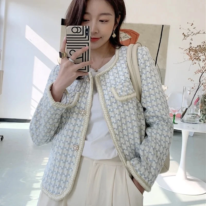 High Quality French Vintage Small Fragrance Tweed Jacket Coat Women's Spring Autumn Casual Fried Street Short Coat Plaid Outwear
