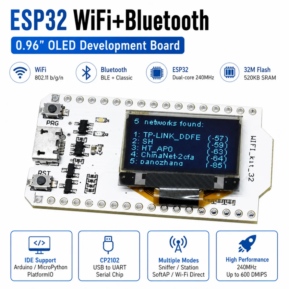 ESP32 Bluetooth WiFi Development Board 3.3V-7V 0.96-inch OLED WiFi Development Module 600 DMIPS Processing Power CP2102