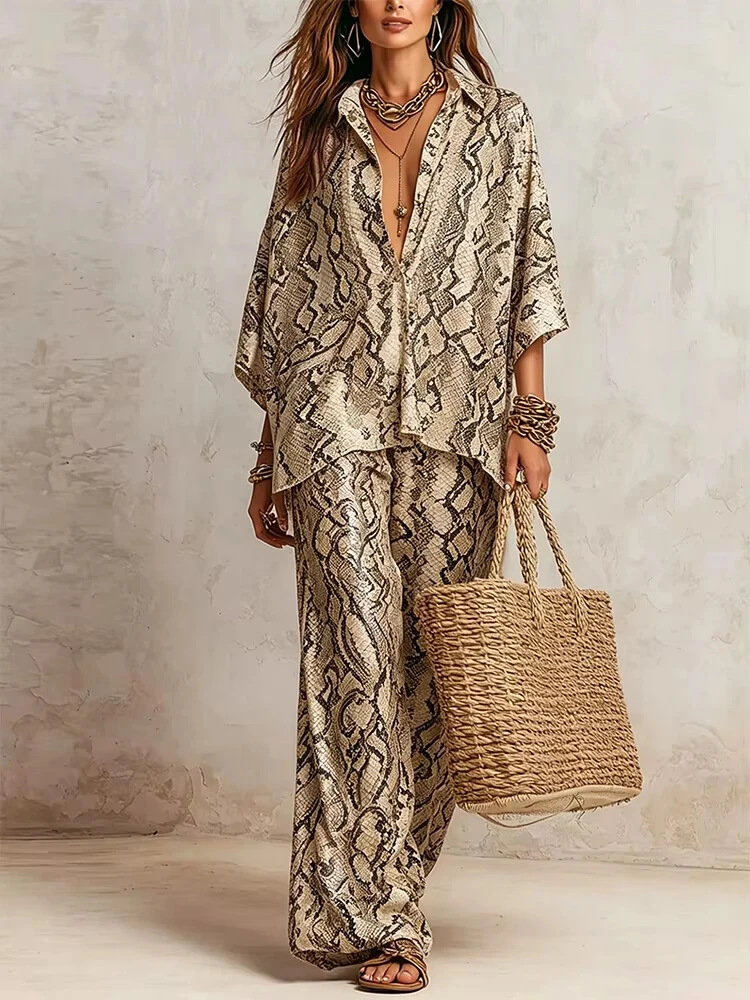

Elegant Snake Print 2 Piece Set Women Summer Lapel 3/4 Sleeve Shirt Top & Wide Leg Pants Streetwear Loose Trousers Suit