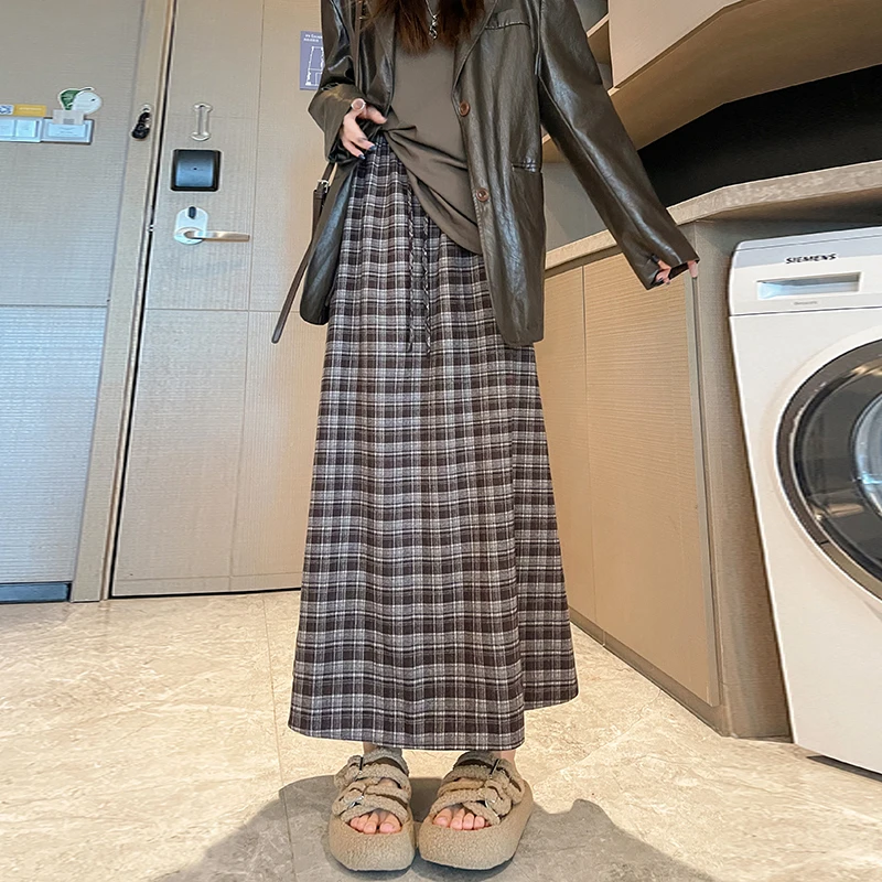 Dames geruite midi-rok Retro herfst hoge taille trekkoord Casual A-lijn halflange paraplurok