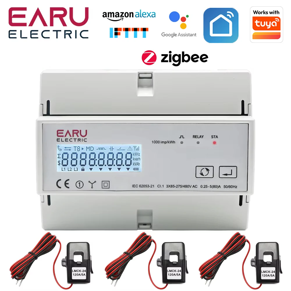 Tuya WiFi ZigBee Three Phase Bidirectional Energy Meter KWh Monitor 3*110/190V or 230/400VAC With 3pcs Split Type Transformer CT