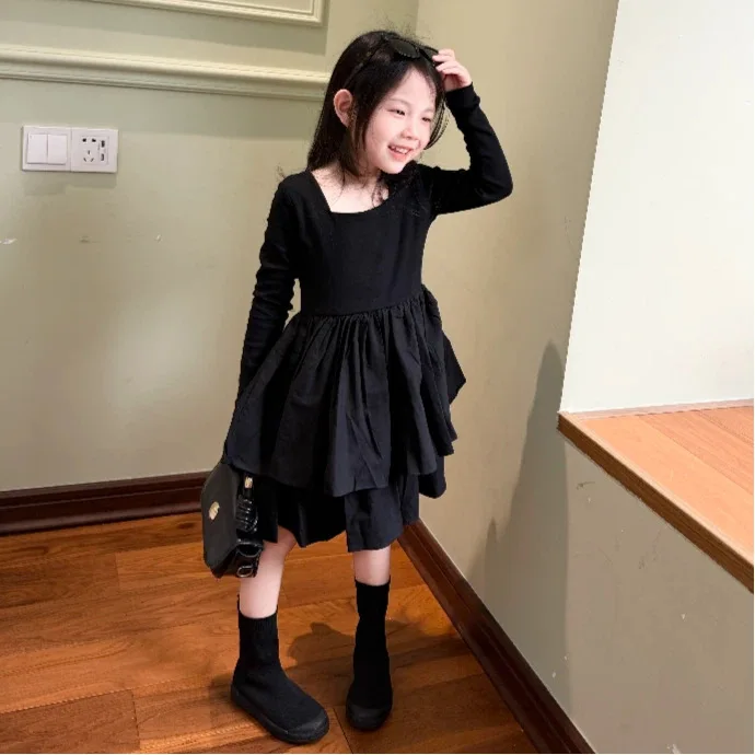 Girls Versatile Knitted Small Black Dress Black Fluffy Skirt 2026 New Children Long Sleeved Cake Dress