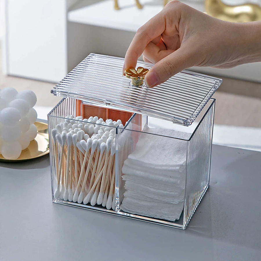 3-Section Clear Apothecary Jar with Lid - Qtips Cotton Ball Swabs Holder for Bathroom Vanity Organization, 3 Grids Dispenser