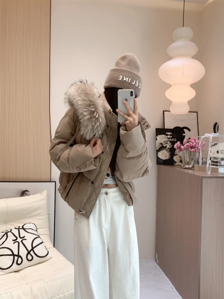 Winter warmer Mantel Fuchs Pelz kragen Daunen jacke für Frauen Kapuze Loose Fit 2024 neue weiße Enten Daunen mäntel abrigo mujer
