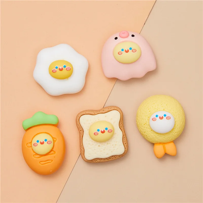 10pcs Cute Fried Shrimp Toast Egg Carrot Flatback Cabochons For Hair Bow Centers DIY Scrapbooking Decor Dollhouse Kitchen Toys