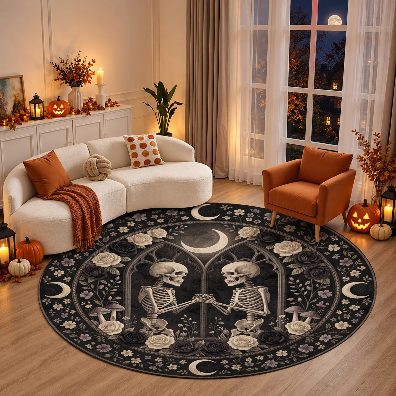 Gothic Skeleton Couple Moon Floral Round Rug, Velvet Fabric, Machine Washable, Soft Floor Mat for Living Room, Bedroom, Entryway, Dining Room, Ideal for Halloween, Thanksgiving, Black Friday, Christmas, New Year Holiday Decoration