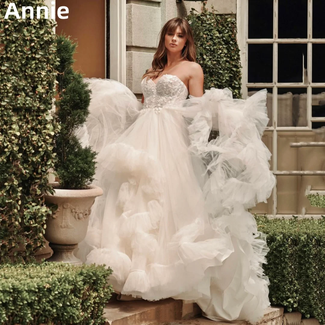 Annie White Puffy Tulle abiti da ballo Sexy senza spalline in pizzo Appliqué Prom Dress abiti da festa di nozze da donna 2024Vestidos De Gala