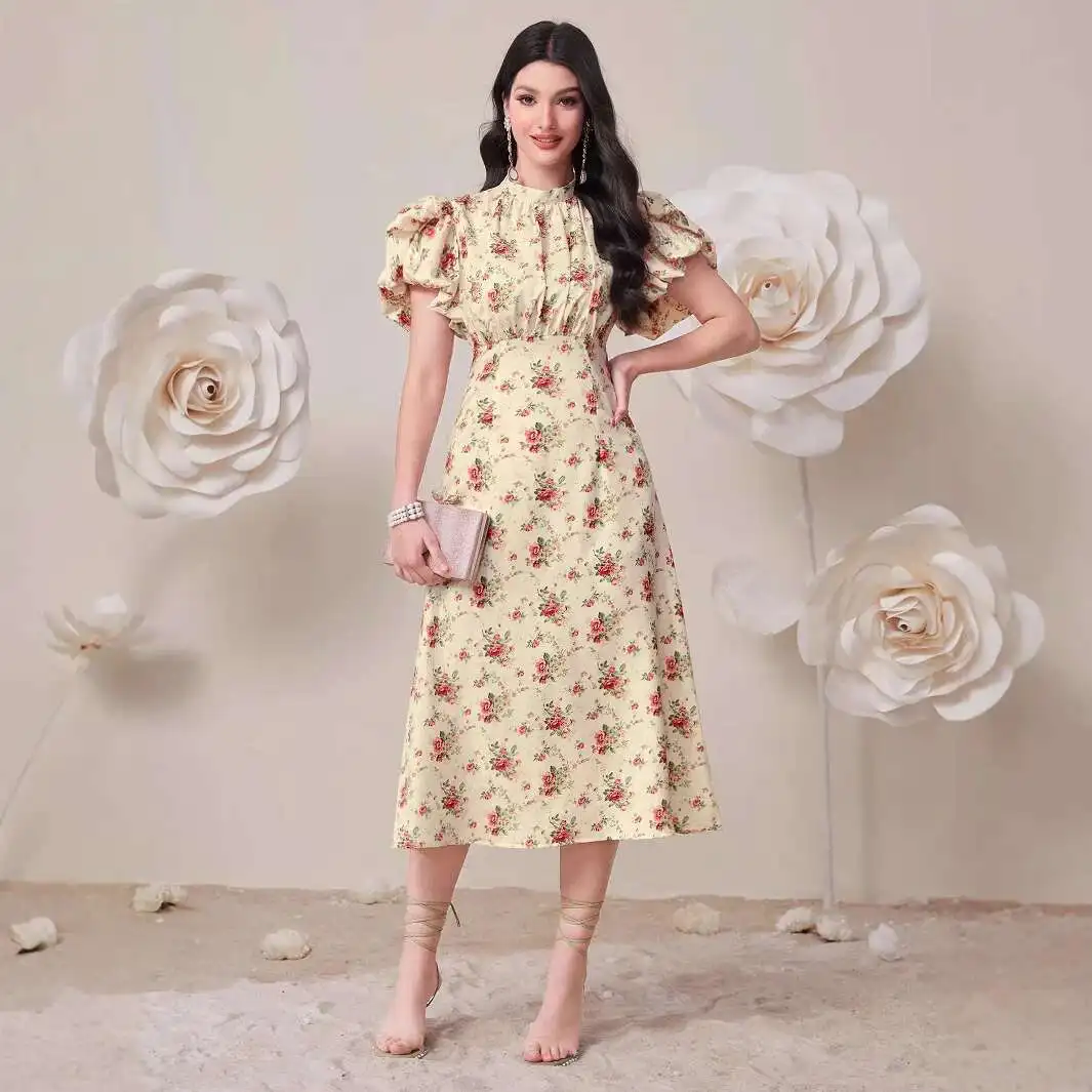 

Da2321 Women's Clothing 2025 Summer New Fashion Elegant High Waist Puff Sleeve Dress Summer Dress Robe Vestido Women Elegant