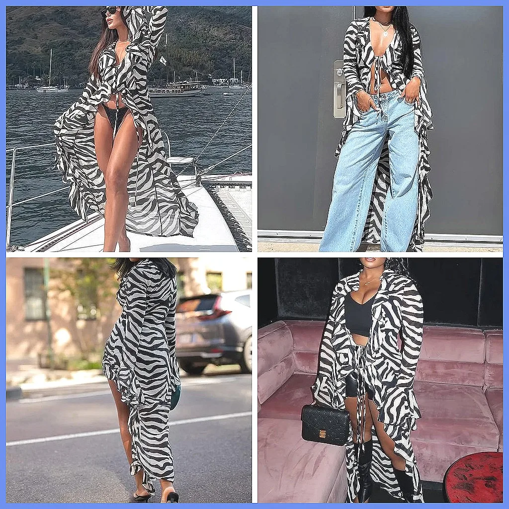 

Sexy Zebra Stripe Long Top with Flare Sleeve & Space-Up, Slim Ruffle Clubwear for Beach Vacation (Character Count: 78)