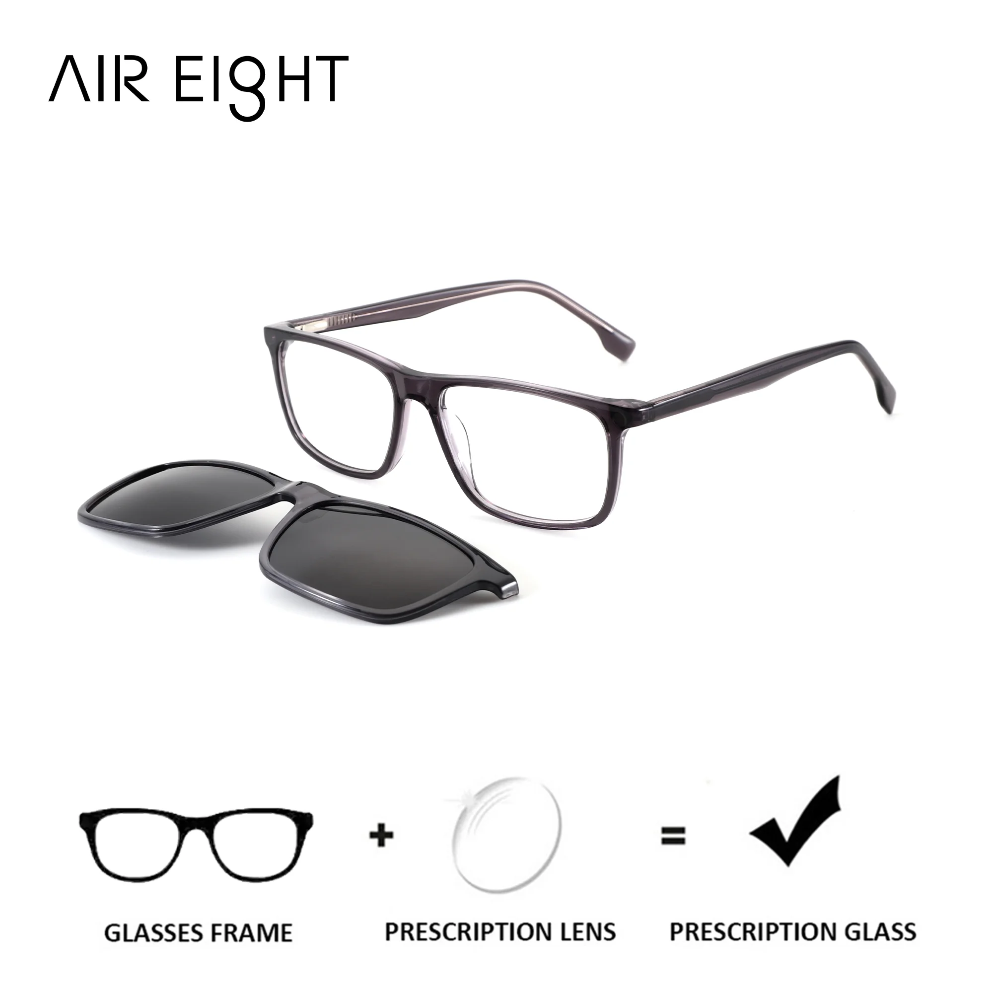 AIREIGHT Acetate Rectangle Magnetic Clip On Polarized Prescription Eyeglasses For Men Myopia/Presbyopic Optical Glasses