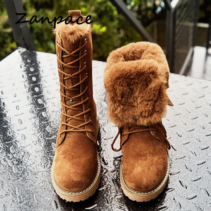 ZANPACE 2023 Winter Platform Women Boots Leather Fur Warm Plush Winter Snow Boots New Round Toe Lace-Up Winter Women Shoes