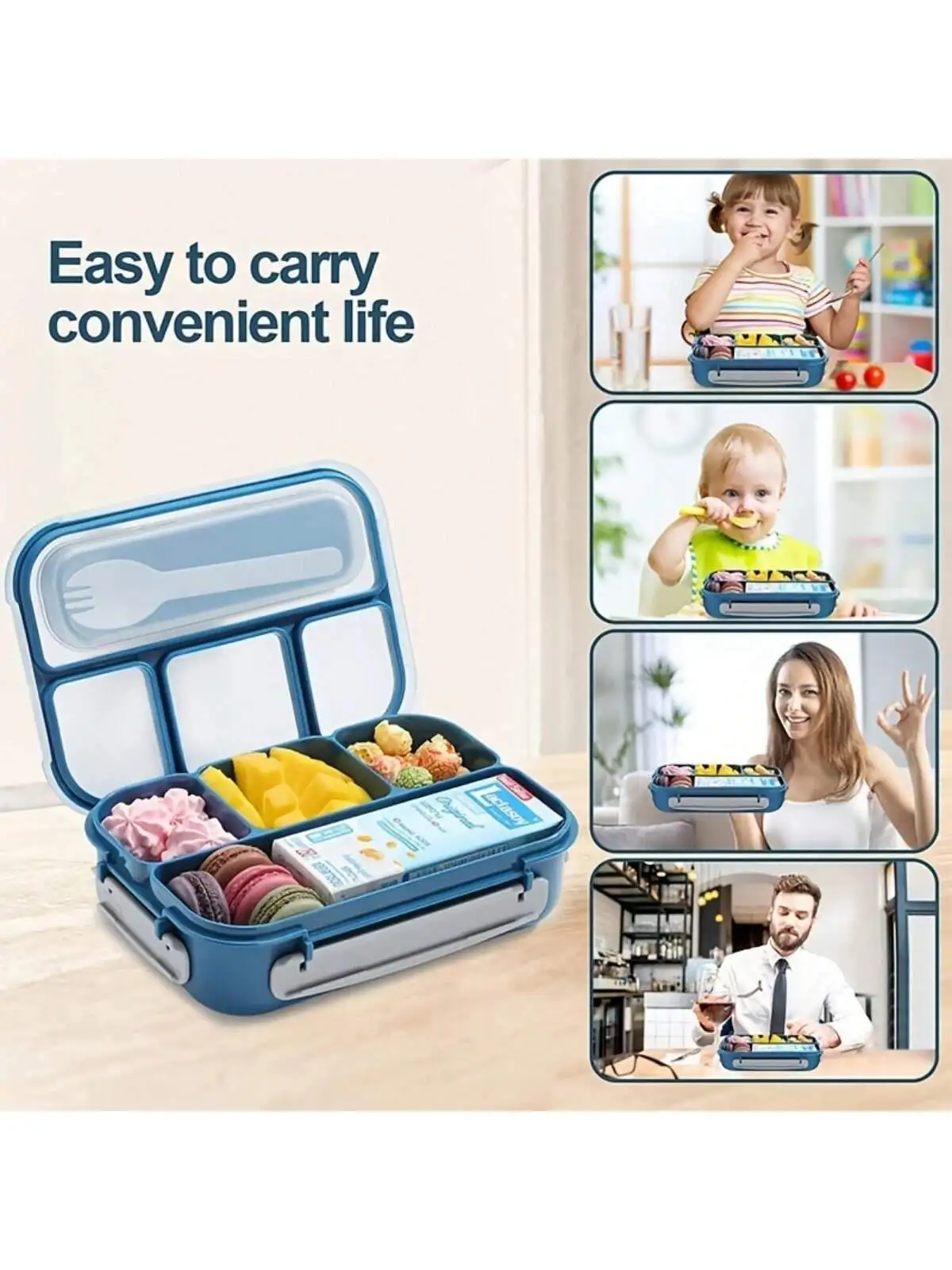 1개 4칸 도시락통 - 전자레인지, 식기세척기, 냉동실 사용 가능 - 개학 및 이동 중 식사에 적합