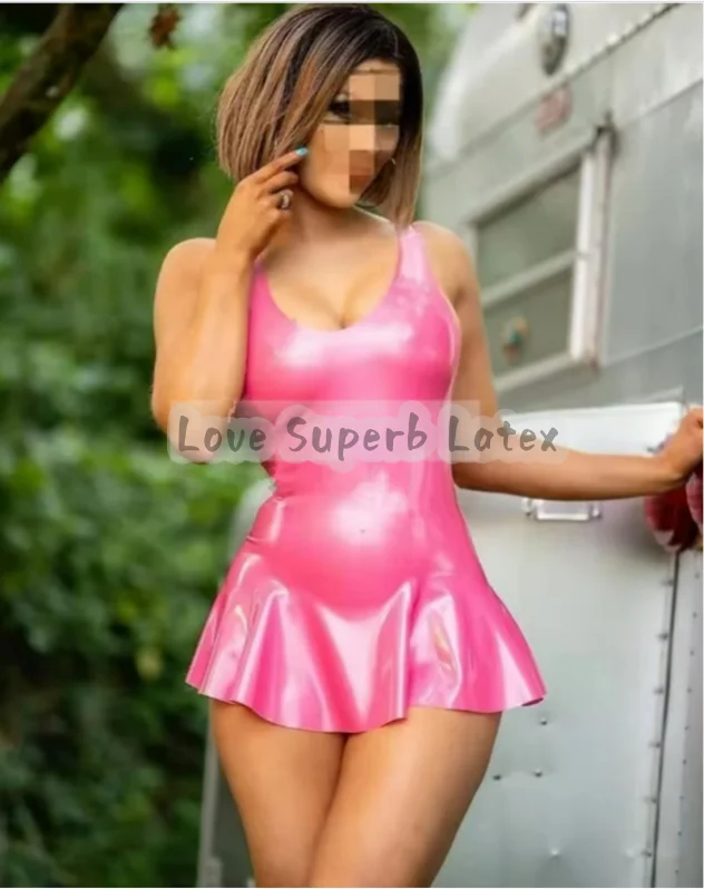 

Handmade Natural Latex Pink Dress Latex Rubber Sexy Skirt No Zip for Catsuit Party Woman Sexy Summer Dress