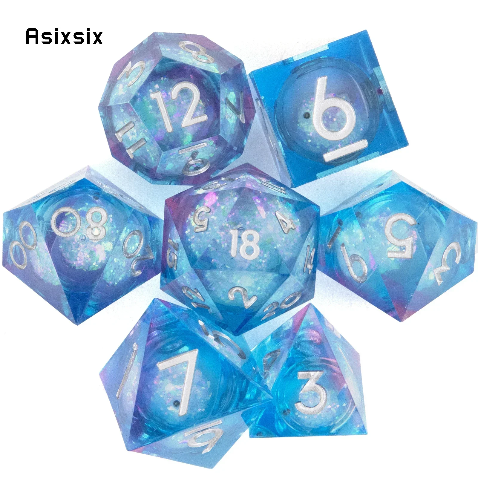 

7 Pcs Blue Flowing Sand White Number Sharp Edge Resin Dice Perfect For Card Games Board Games For Critical Role, Rpgs, D&D