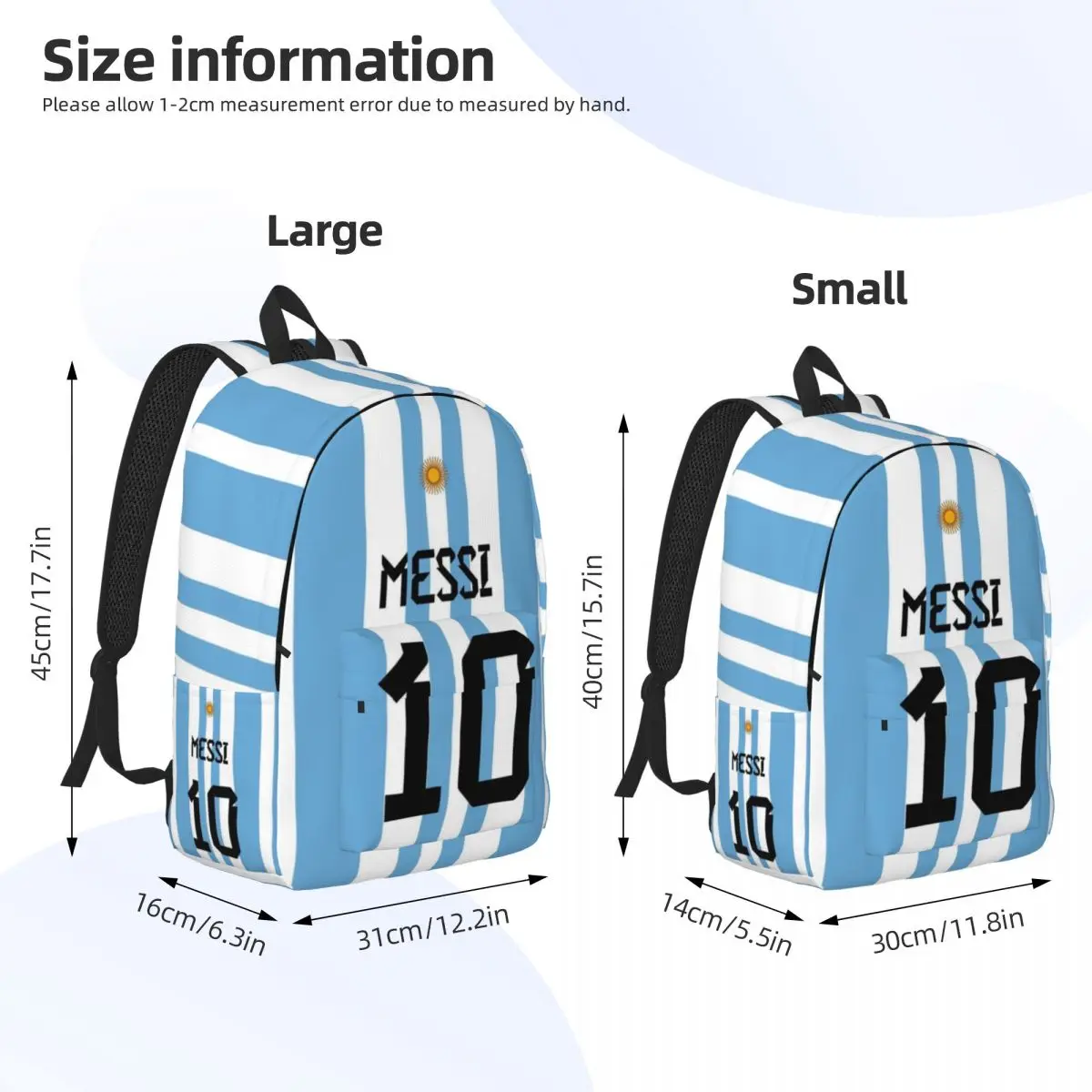 Argentine-No.10-Messi pour filles et garçons Sac à dos étudiant à la mode, entièrement imprimé et confortable.