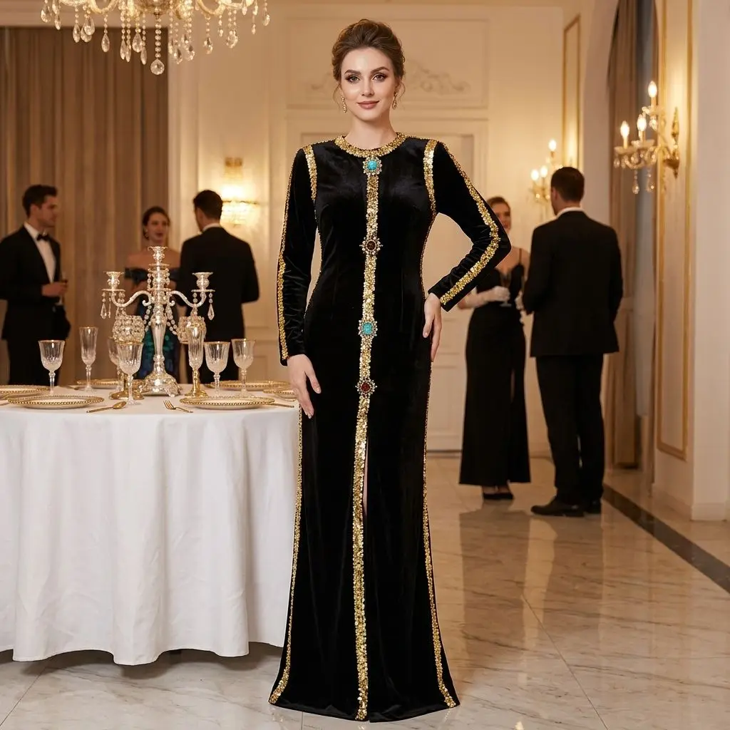 Luxury Crystal Long Sleeve  Scoop Neck Evening Dresses Black  A-line Floor Length Back Zipper  Prom Gowns Customizd Party Dress