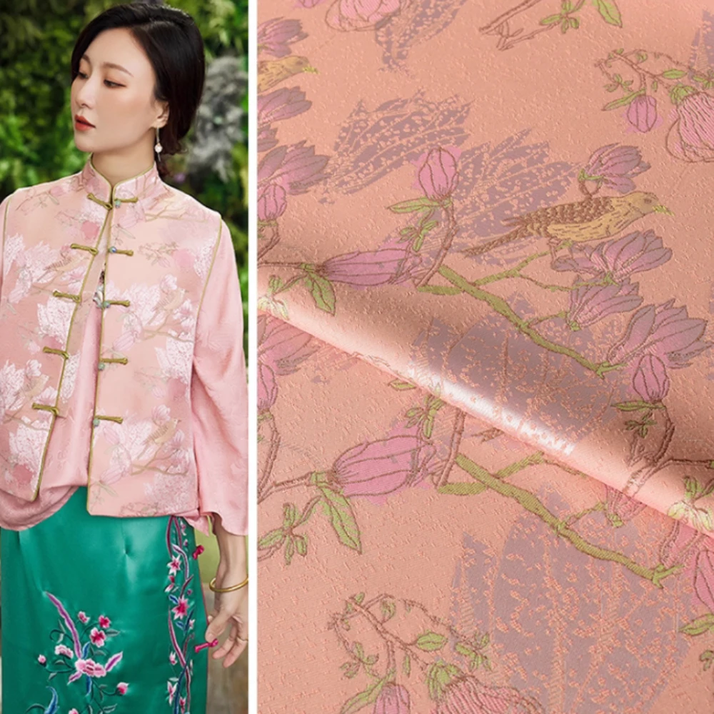 

Yarn-dyed Jacquard Fabric Spring Autumn Orange Pink Flowers Birds Women's Dress Bouquet Decorative Cloth Shirt Wholesale Sewing