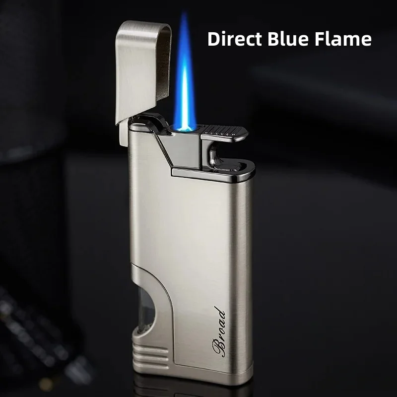 Transparent Gas Storage Tank Direct Spray Blue Flame Windproof Metal Lighter Outdoor Barbecue Kitchen Cigar Lighter Men\'s Gifts