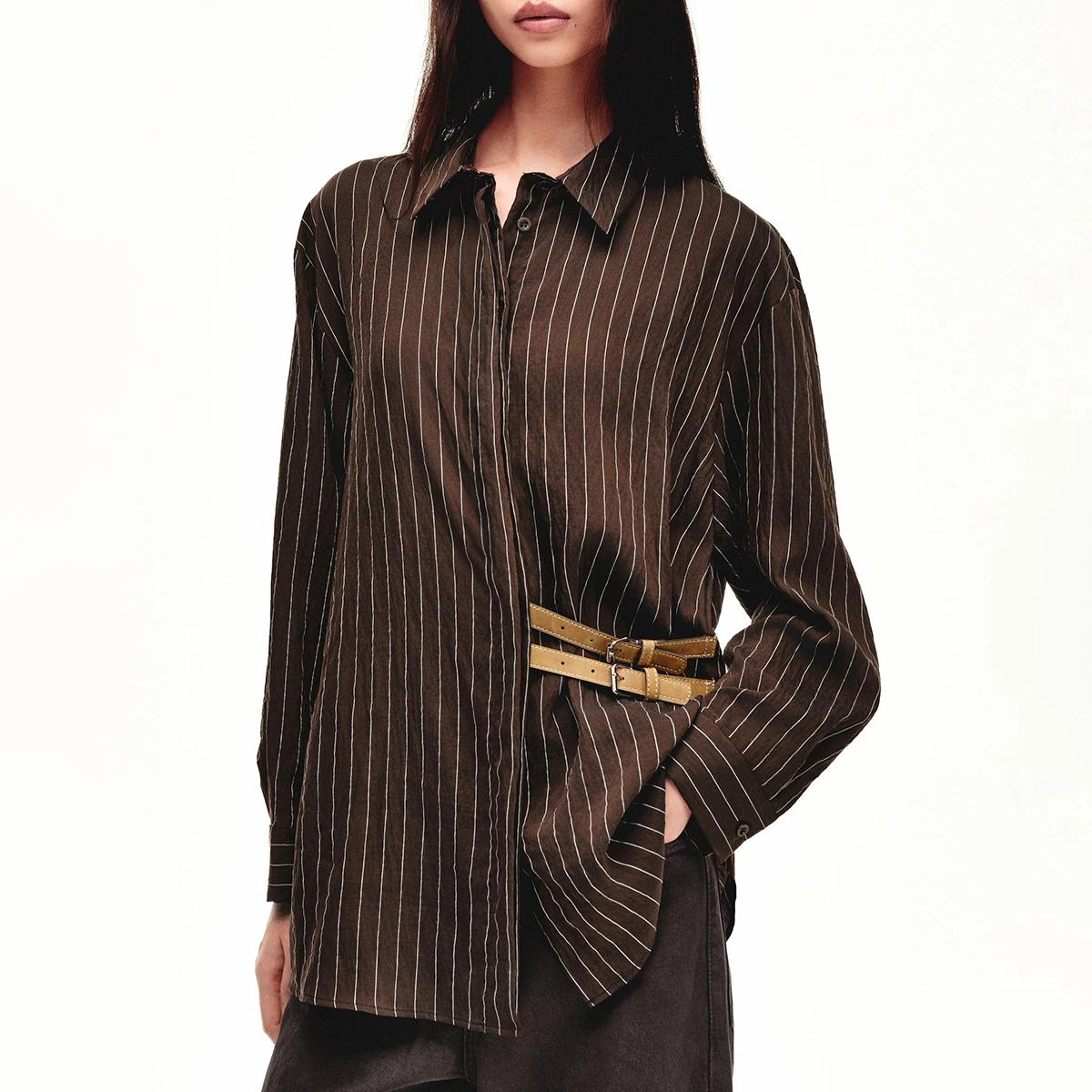 

BJTZ 2026 Spring Autumn Women’s Buckle Detail Striped Blouse Long Sleeve Casual Loose Fit Shirt Vintage Style Fashion Top