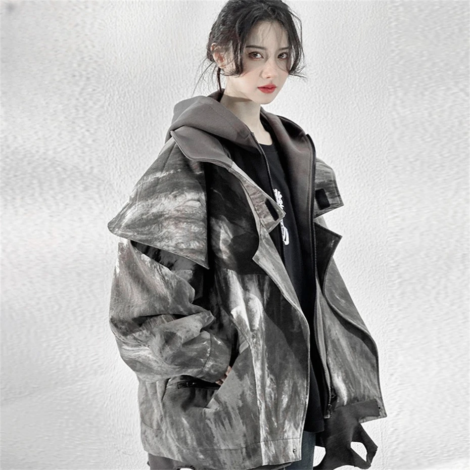 

Functional Cargo Jackets Women Ripped Hole Spring Fake Two-piece Jackets Coats Tactical Windbreaker Streetwear Loose Jackets