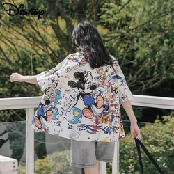 Disney Graffiti Mickey Summer Loose Short Sleeve Shirts Y2k Cartoon Streetwear Casual Collared Blouse Fashion Tops For Women