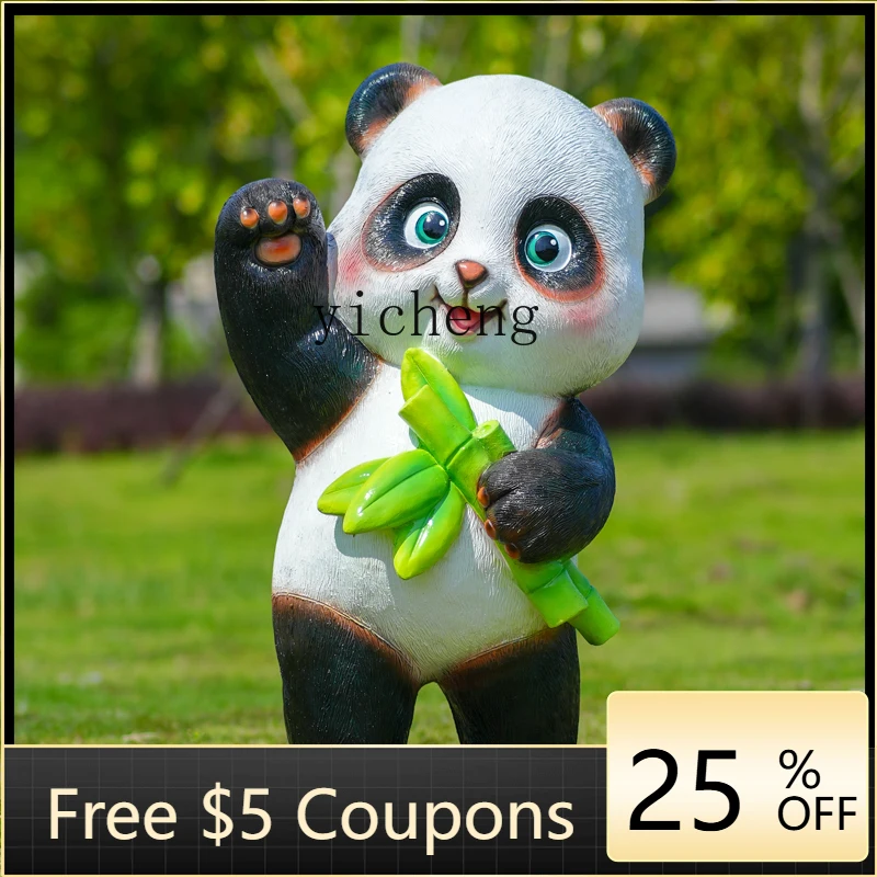 L7- fiberglass cartoon animal panda bamboo ornament sculpture outdoor landscape garden lawn decoration