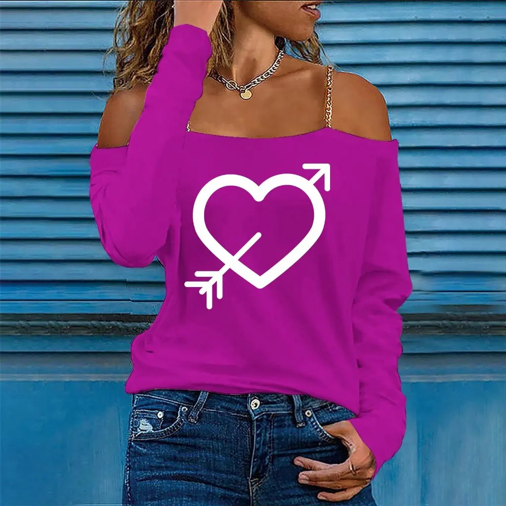 

Women's Red Off-Shoulder Long Sleeve Top with Chain Strap Lightning Heart Print T-Shirt European American Style