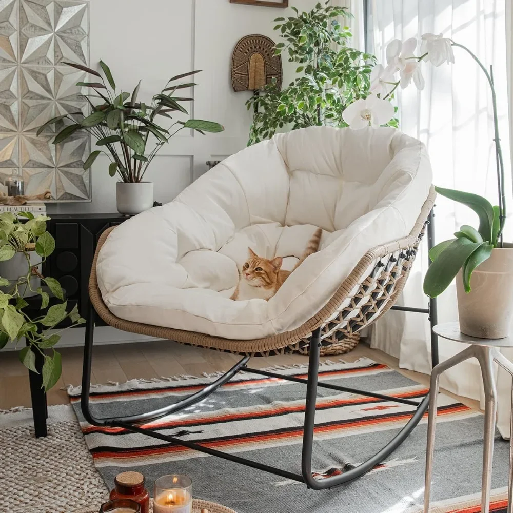 Oversized Rocking Chair, Patio Wicker Papasan Egg Rocking Chair, Indoor & Outdoor Comfy Rocker Chair with Thick Cushion, Beige