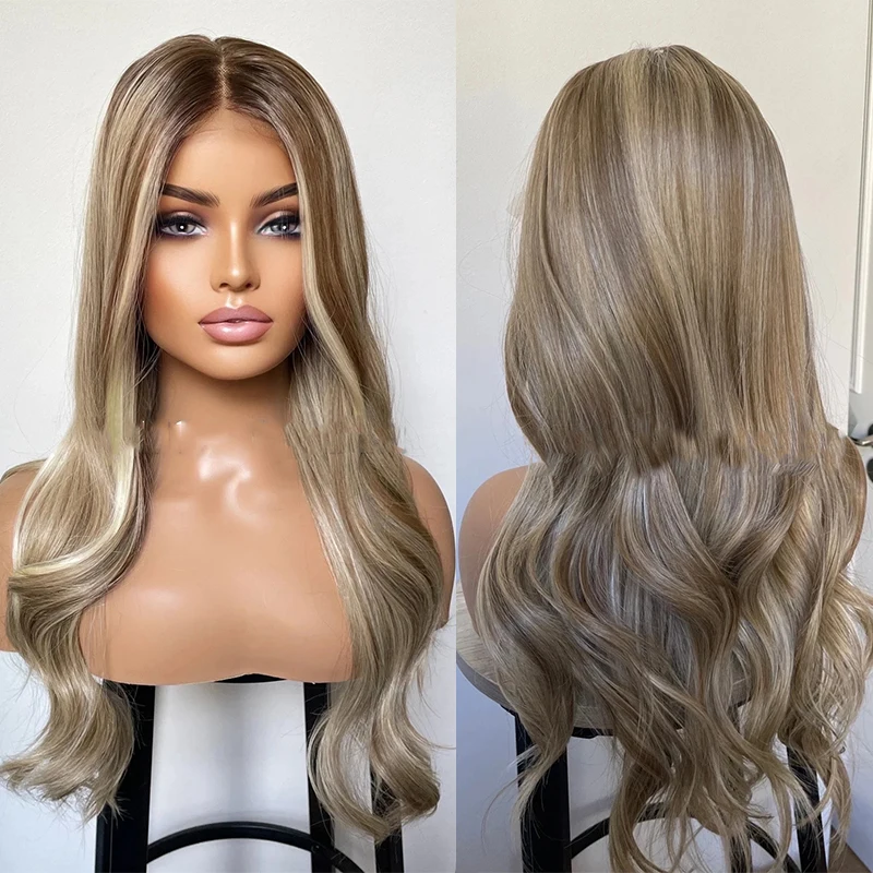 Highlight Ash Blonde Lace Front Wig Ombre Brown Blonde Long Wavy Heat Safe Futura Hair Rooted 13x4 Synthetic Lace Wigs for Women