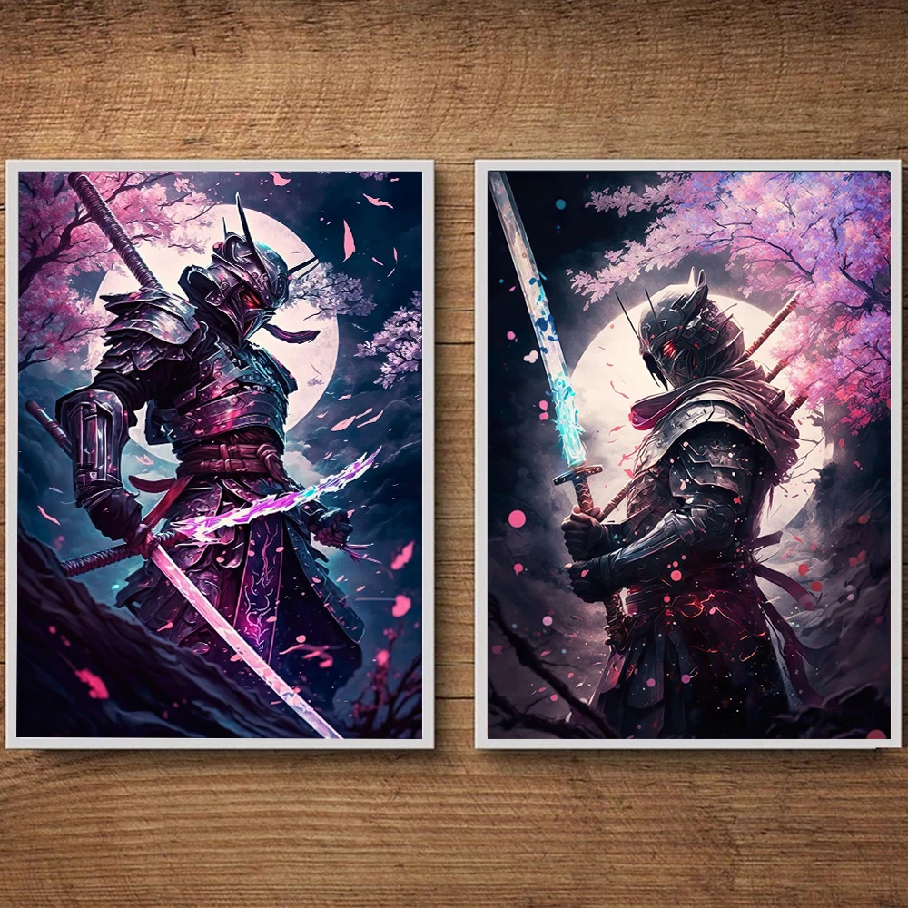 Japanese Black Samurai Sakura Warrior Figures Sunset Art Painting Wall Canvas Posters and Prints Living Room Home Decor Pictures