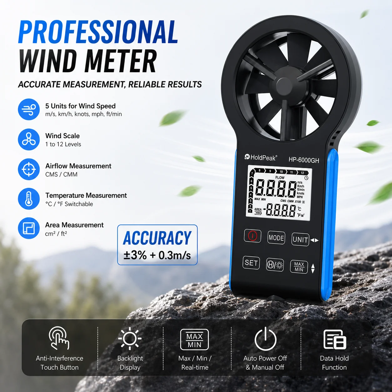Digital Anemometer Wind Speed Meter Temp Humidity Tester Air Flow Velocity Measure LCD Backlight for HVAC Drone Weather Sail