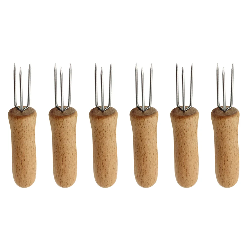 

6pcs Stainless BBQ Fruit Fork Tools Fruit Food Forks Meat Corn Grips Holder Grips Corn Forks Food Wooden Handle