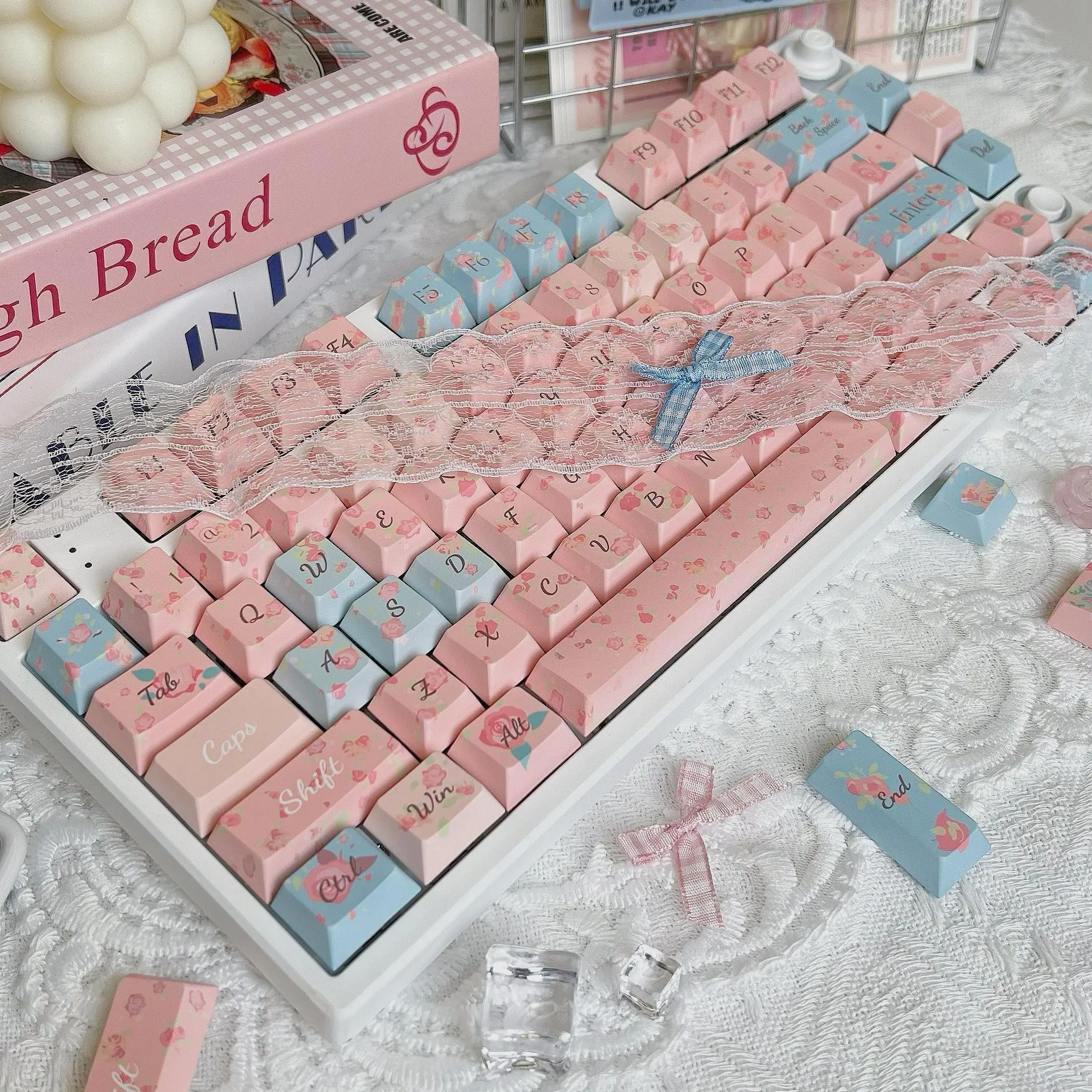 Rose Sea Keycaps Pink Cute Flowers French Style Romantic Rose Blue Contrast Keycap Set 138keys Alice keycaps