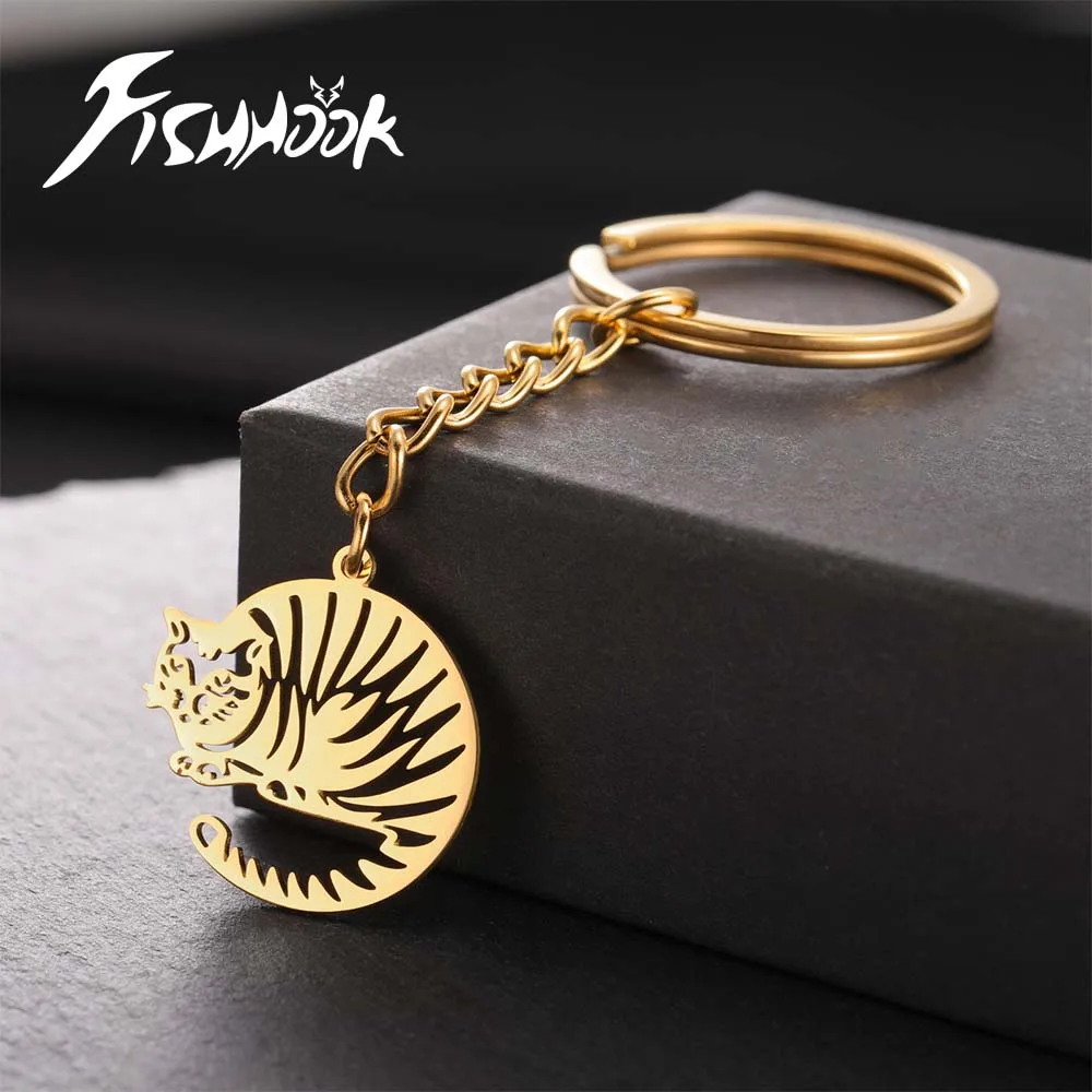 Cat Keychain Gift for Woman Men Kid Child Supernatural Amulet Car Key Chain Ring Gold Color Stainless Steel Pendant Jewelry