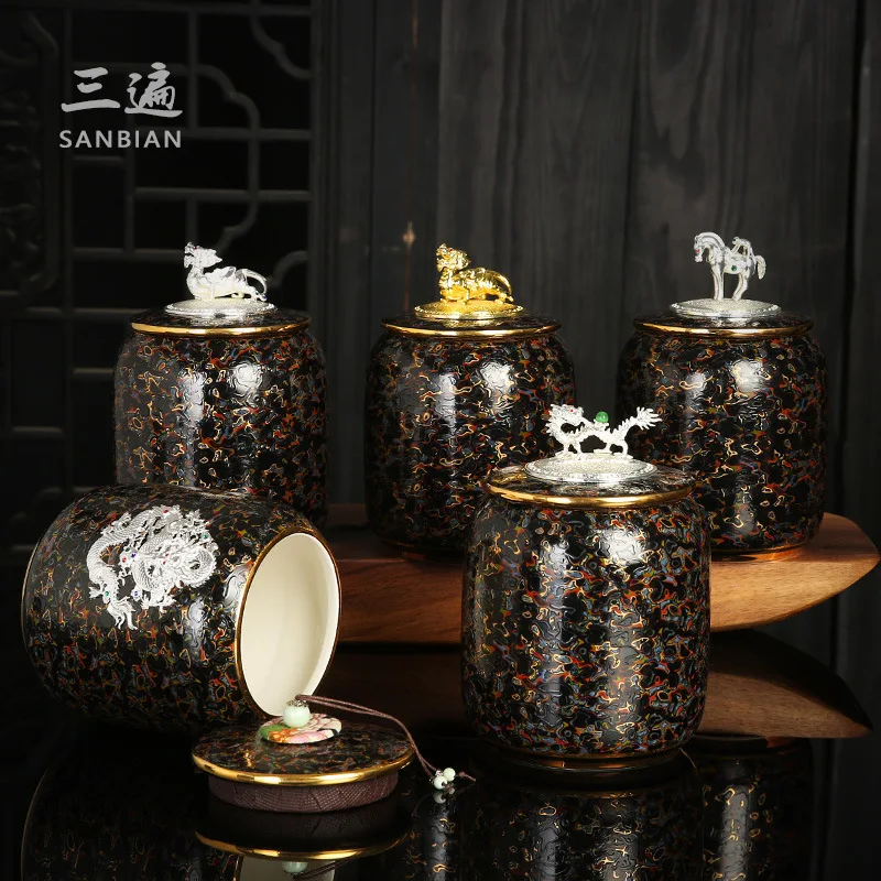 

★★Three Times Traditional Paint Silver Plated Tea Pot Japanese Creative Seal Ceramic Tea Jar Storage Small Tea Container