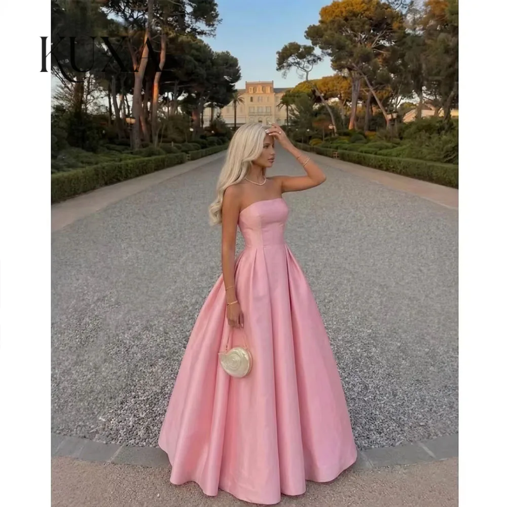 KUXA Maßgeschneiderte Rosa Trägerlose Ärmellose Satin A-Linie Bestseller-Kleider für Besondere Anlässe Elegante Partykleider 2026