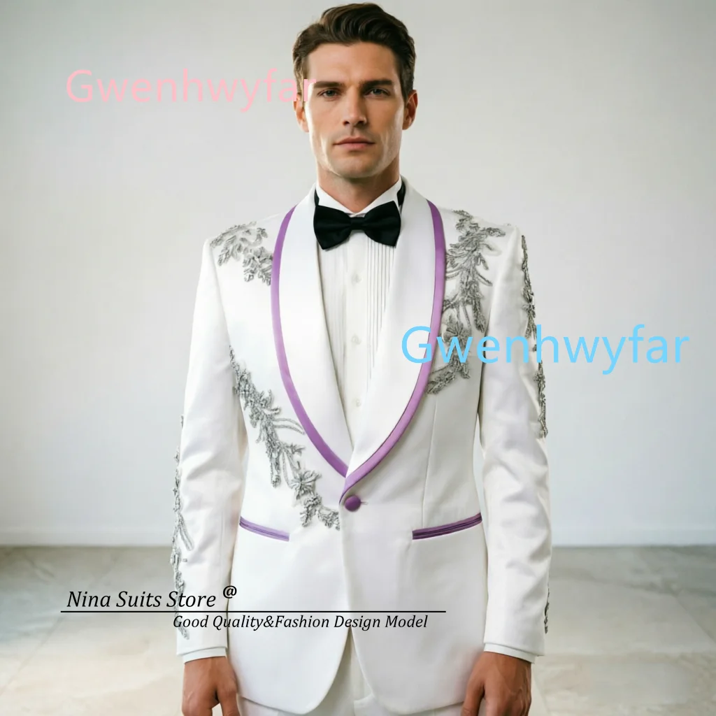 Gwenhwyfar 2026 Summer New Men's Luxury Ball Dress White Satin Suit and Pants Handmade Sewing Colorful Rhinestone Appliques
