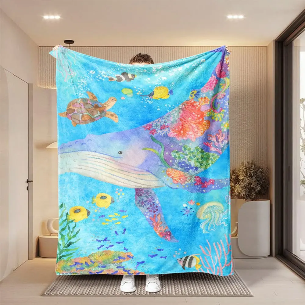 Vibrant Ocean Life Throw Blanket for Kids Nursery Home Decor Tropical Marine Animals Whale Underwater Beach Print Fuzzy Knit Coz