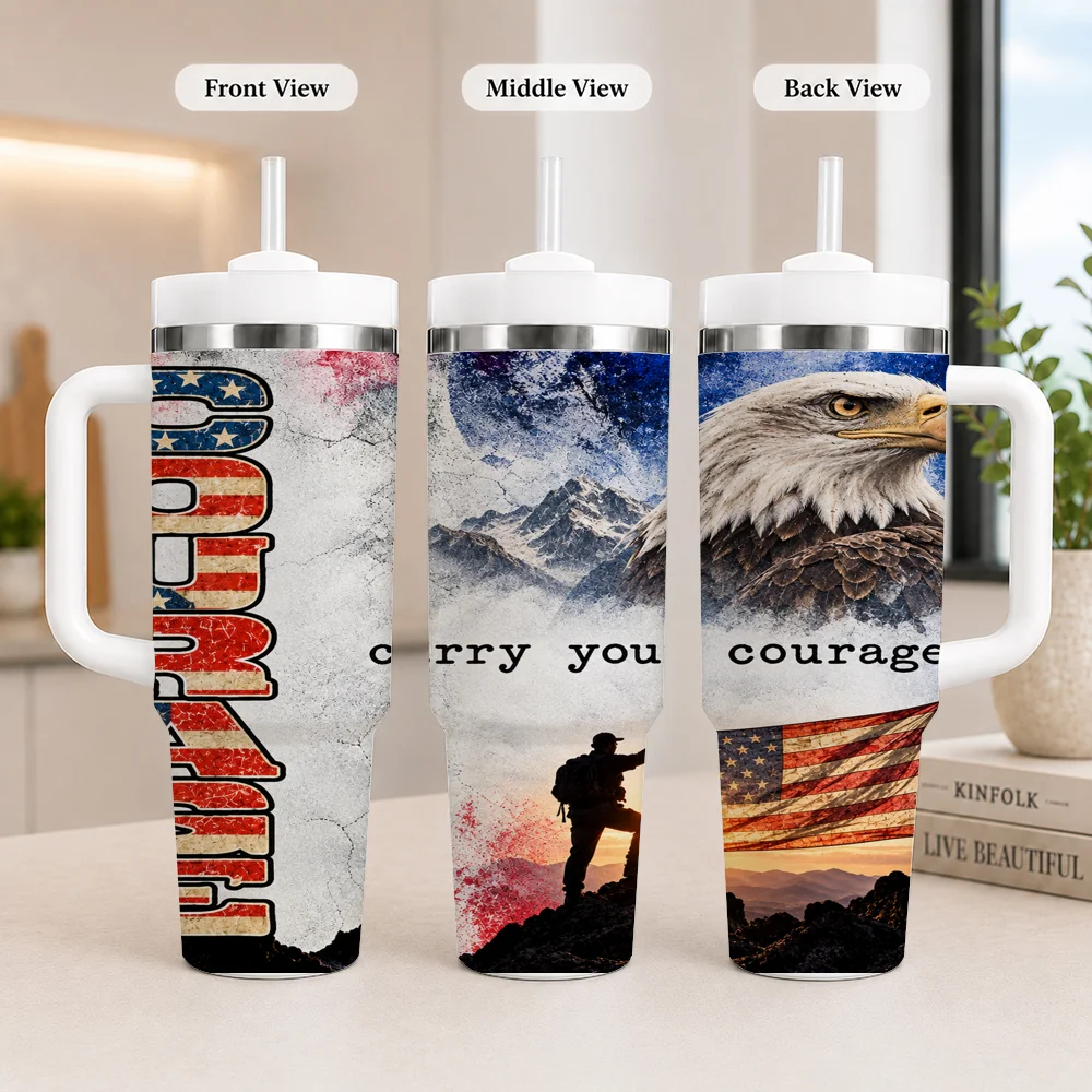 Freedom Boots Gift Tumbler for Veterans Vacuum Flasks 40oz Leakproof Steel Tumbler w/ Lid Straw Handle Hot Cold Drinks