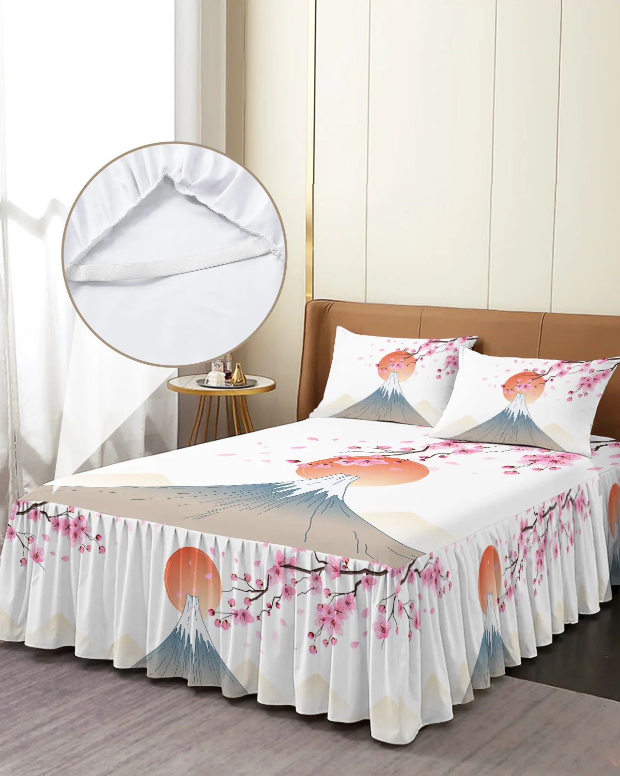 

Japanese Style Mt. Fuji Sakura Cherry Blossom Bed Skirt Fitted Bedspread With Pillowcases Mattress Cover Bedding Set Bed Sheet