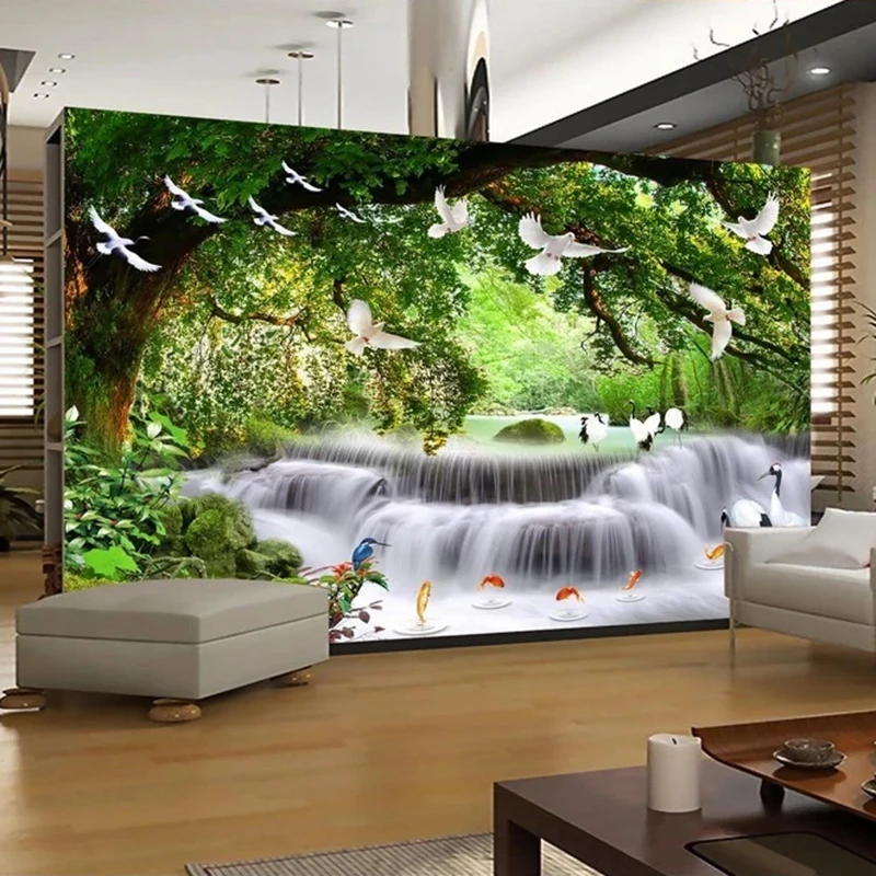 Paisagem natural Custom 3D Photo Wallpaper, Floresta Verde, Cachoeira Aves, Grande Mural, Sala de estar, Fundo do quarto, Wall Decor