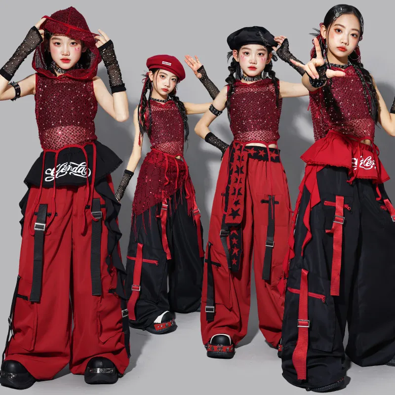 Girls Hip Hop Cool Sequin Crop Hoodies Cargo Pants Child Street Dance Costume Kids K-pop Streetwear Jazz Girl Group Clothes Sets