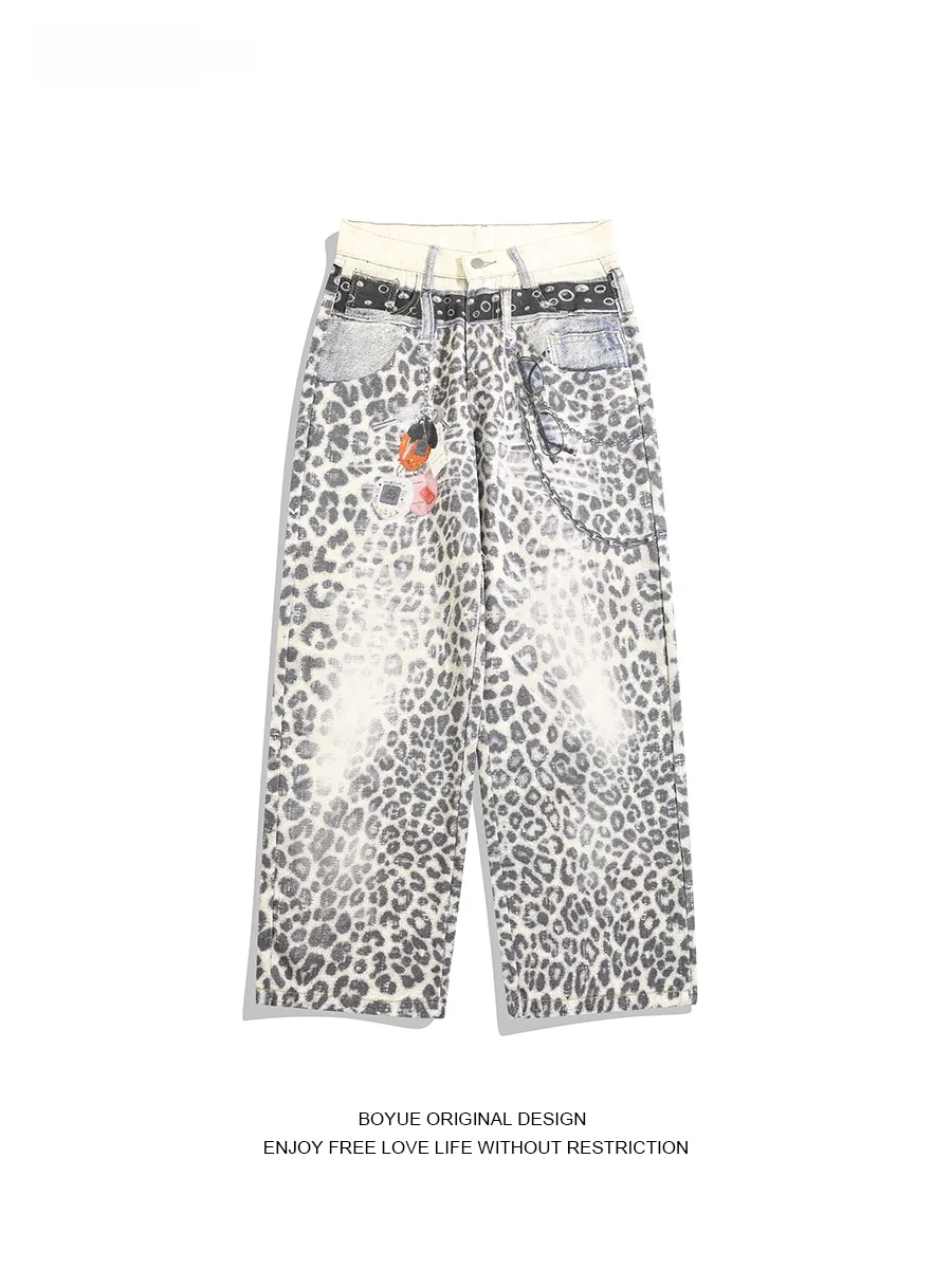 

BOYUE American Retro Leopard Print Jeans Men Women Splicing Design Straight Leg Long Pants Casual Cotton Polyester Blend